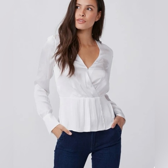 Paige Women's White Surplice Neck Long Sleeve Faux Wrap Blouse Large - Picture 1 of 8